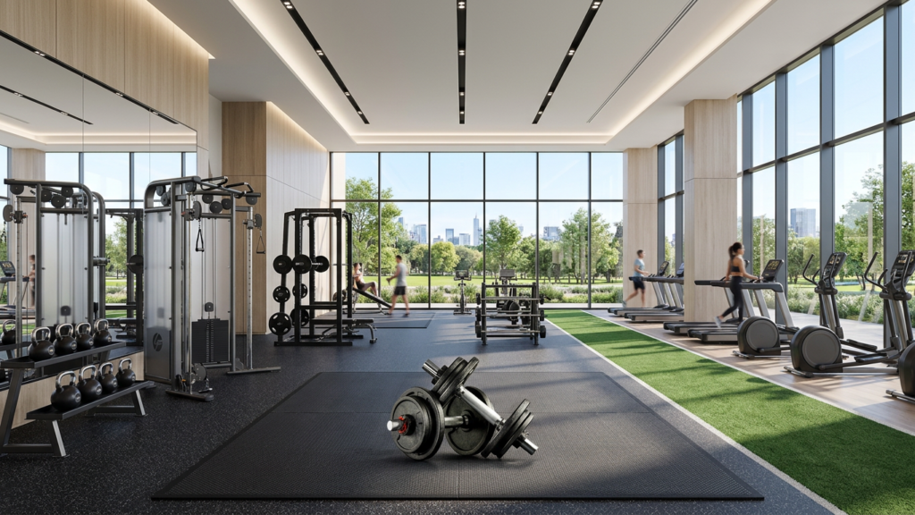 Gym interior with weights, treadmills, and large windows showing green park and city skyline